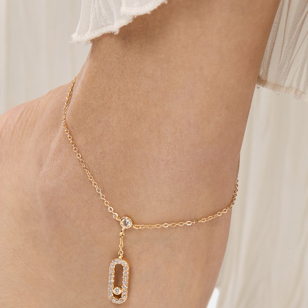 Brass 18k Rose Gold Crystal Studded Motif Chain Anklet For Women